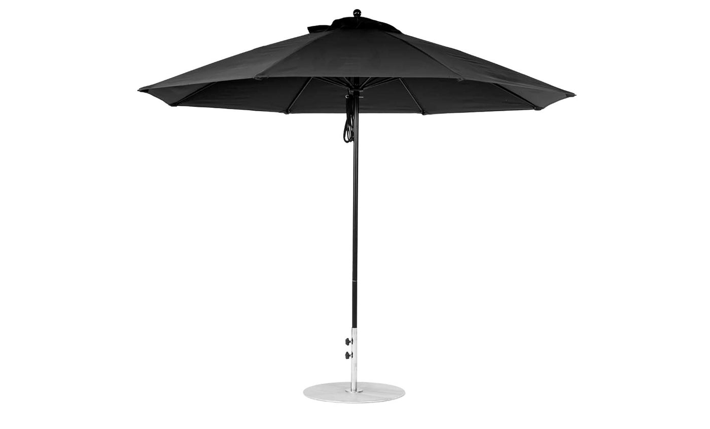 A Ledge Lounger Essential Fiberglass Umbrella - 11 Octagon Pulley features a black marine-grade fabric canopy and a straight silver pole. Its flat round base offers stability, ensuring wind resistance as it stands fully open against a white background.