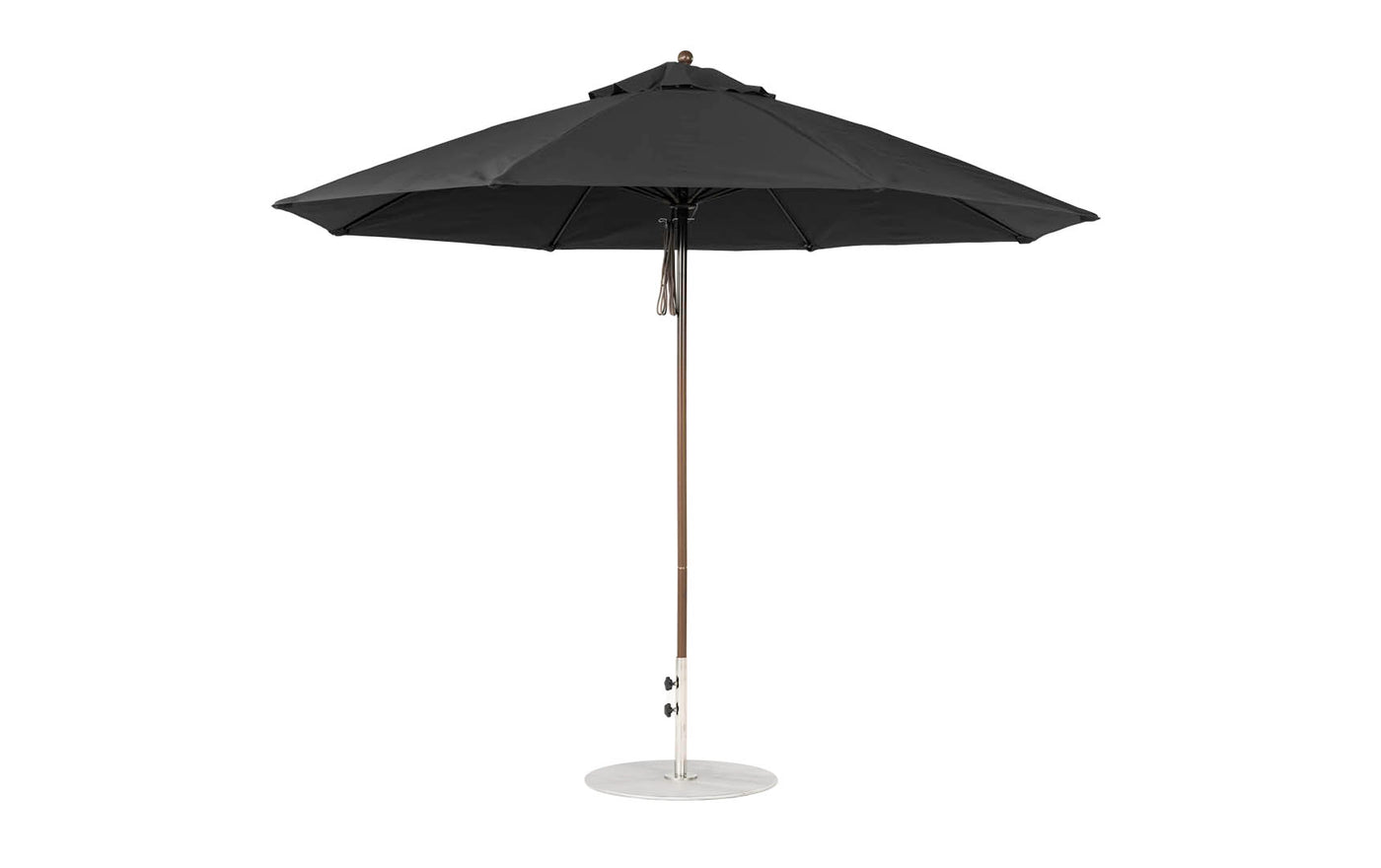 The Ledge Loungers Essential Fiberglass Umbrella features an 11 octagon canopy, black design, marine-grade fabric, a silver pole, and a round white base. This wind-resistant umbrella has a sleek modern look and offers wide coverage when fully opened.