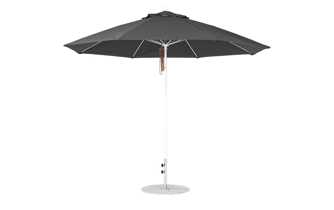 The Essential Fiberglass Umbrella - 11 Octagon Pulley by Ledge Lounger features marine-grade fabrics and a silver pole with a round base, standing open on a white background. Its elegant conical design is perfect for outdoor use, providing shade and wind resistance.