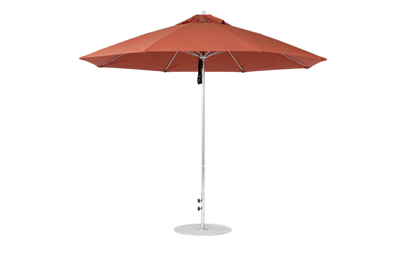 The Essential Fiberglass Umbrella by Ledge Lounger features an 11 octagon canopy made of marine-grade fabrics, standing on a circular base with a metal pole. This large, brown patio umbrella is open and wind-resistant, perfect for providing outdoor shade.