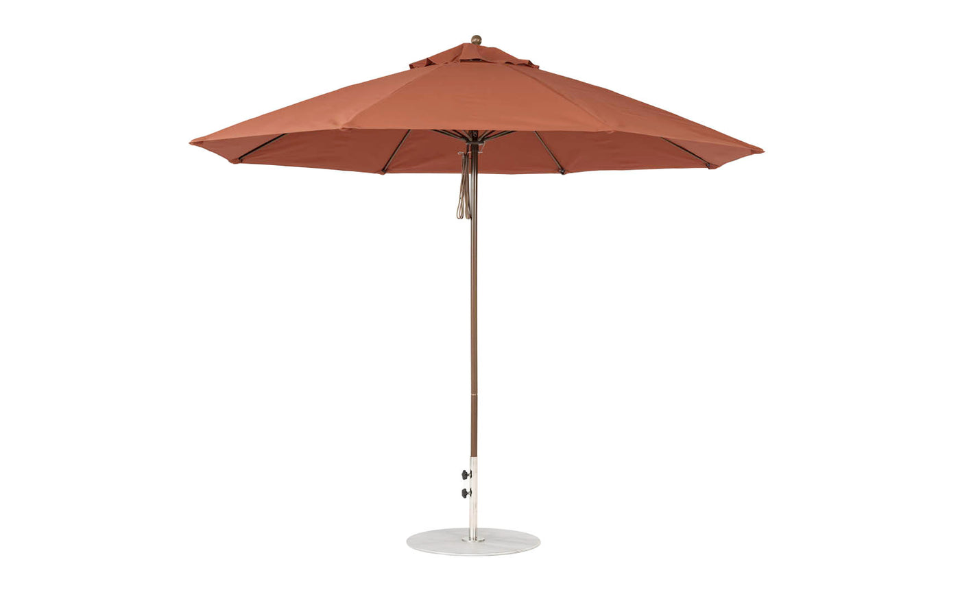 The Ledge Lounger Essential Fiberglass Umbrella, an 11 Octagon Pulley in brown with marine-grade fabrics and a metal pole with a round base, is showcased fully opened against a plain white background.
