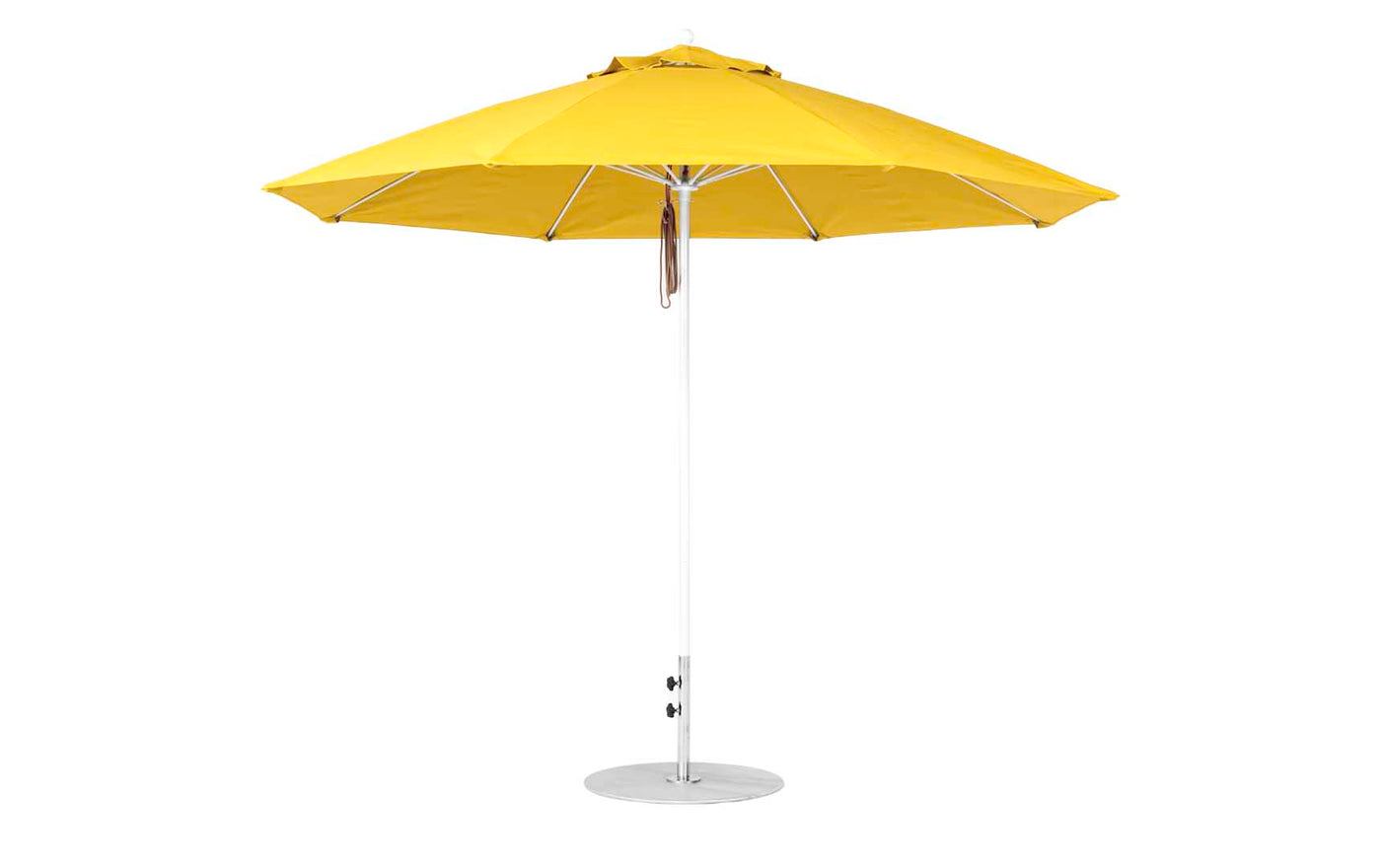 The Essential Fiberglass Umbrella by Ledge Lounger is a fully opened, wind-resistant, large yellow patio umbrella with an 11 octagon canopy, made from marine-grade fabrics. It features a white pole and round metal base against a plain white background.