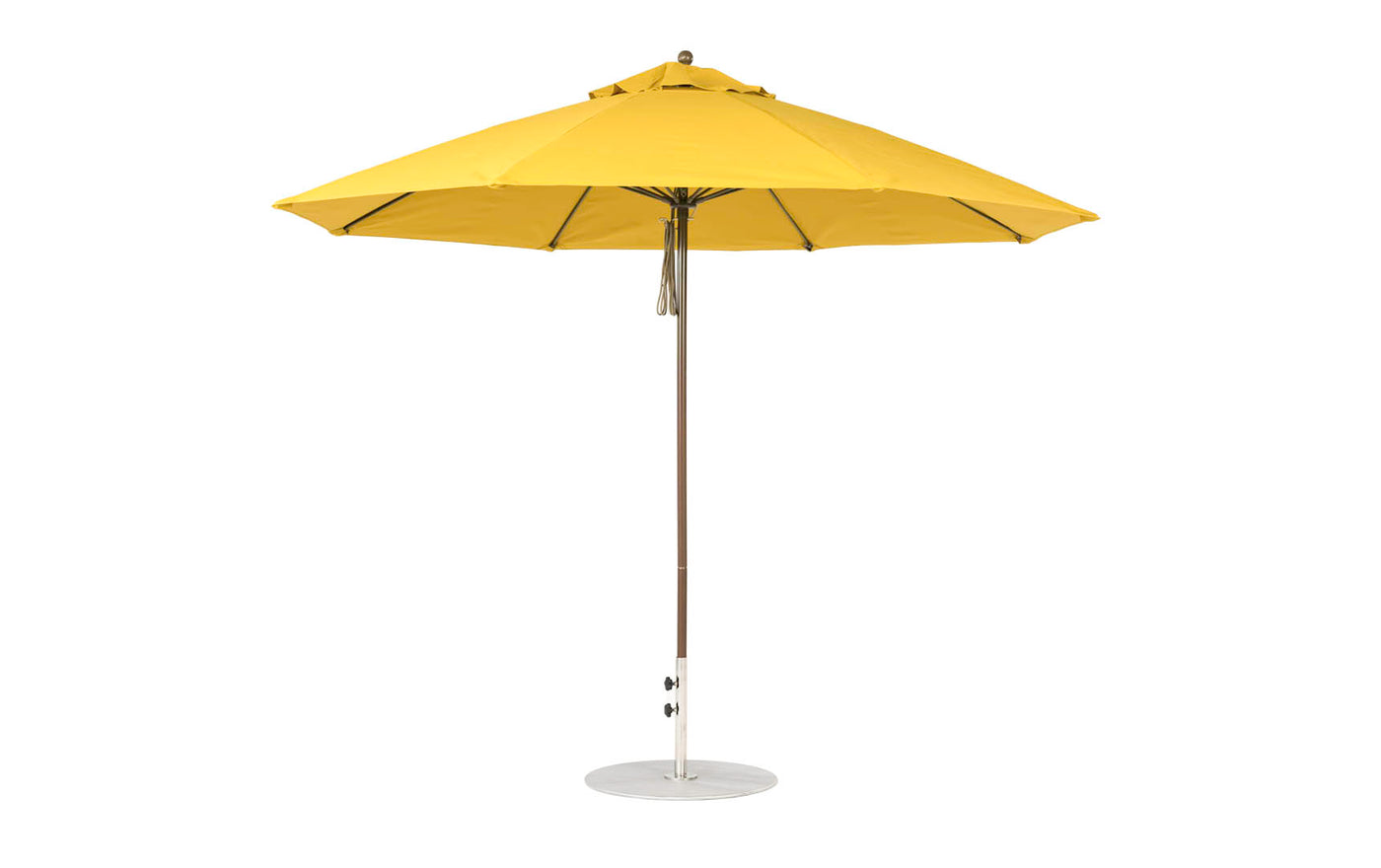 The Essential Fiberglass Umbrella - 11 Octagon Pulley by Ledge Lounger features a sturdy metal pole and round base, standing upright against a white background to highlight its wind-resistant design.