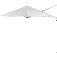 The Ultra Cantilever Umbrella by Ledge Lounger features a minimalist white octagonal canopy and adjustable arm, perfect for enhancing any patio. Its sleek, modern design on a plain white background can integrate an outdoor umbrella light for added functionality.