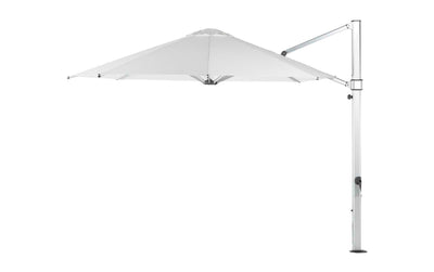 The Ultra Cantilever Umbrella by Ledge Lounger features a minimalist white octagonal canopy and adjustable arm, perfect for enhancing any patio. Its sleek, modern design on a plain white background can integrate an outdoor umbrella light for added functionality.