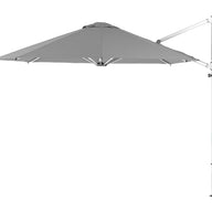 Side view of the Ultra Cantilever Umbrella - 11 Octagon by Ledge Lounger, showcasing a gray octagonal canopy on a white frame with an outdoor light. A vertical pole and crank mechanism support this rechargeable umbrella, enhancing the patio space’s minimalist and modern design.