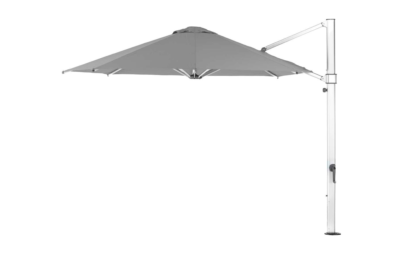 Side view of the Ultra Cantilever Umbrella - 11 Octagon by Ledge Lounger, showcasing a gray octagonal canopy on a white frame with an outdoor light. A vertical pole and crank mechanism support this rechargeable umbrella, enhancing the patio space’s minimalist and modern design.