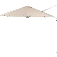 The Ledge Lounger Ultra Cantilever Umbrella - 11 Octagon offers a beige canopy with an aluminum frame and crank mechanism. The tilting canopy on a side-positioned pole provides unobstructed shade, perfect for patios. Enhance evenings with an optional outdoor umbrella light and rechargeable battery.