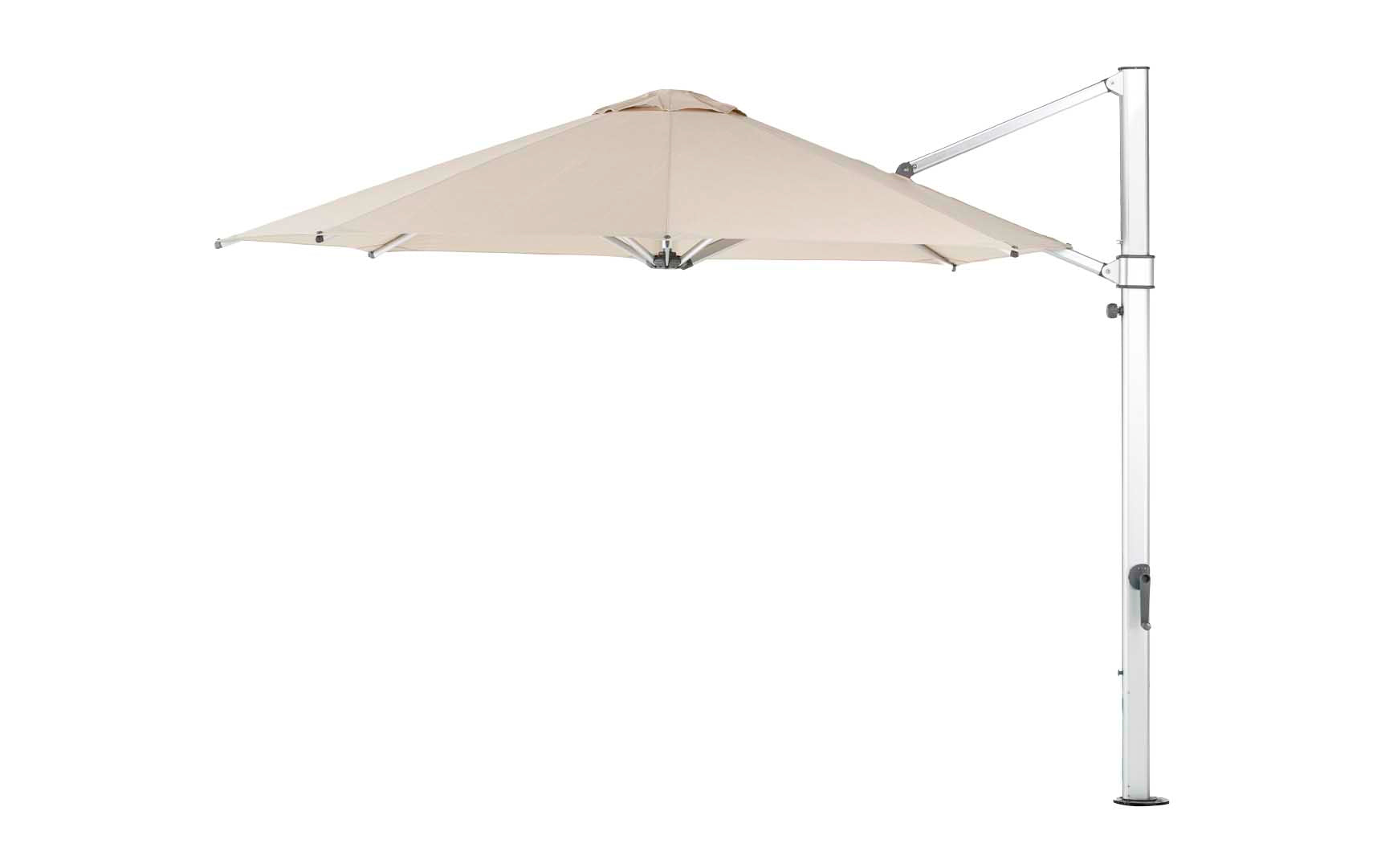 The Ledge Lounger Ultra Cantilever Umbrella - 11 Octagon offers a beige canopy with an aluminum frame and crank mechanism. The tilting canopy on a side-positioned pole provides unobstructed shade, perfect for patios. Enhance evenings with an optional outdoor umbrella light and rechargeable battery.