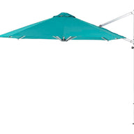 The Ultra Cantilever Umbrella - 11 Octagon by Ledge Lounger enhances your patio with its turquoise shade, metal pole, and crank mechanism. Its sturdy design suits outdoor use perfectly, and a rechargeable umbrella light adds illumination for evening gatherings.