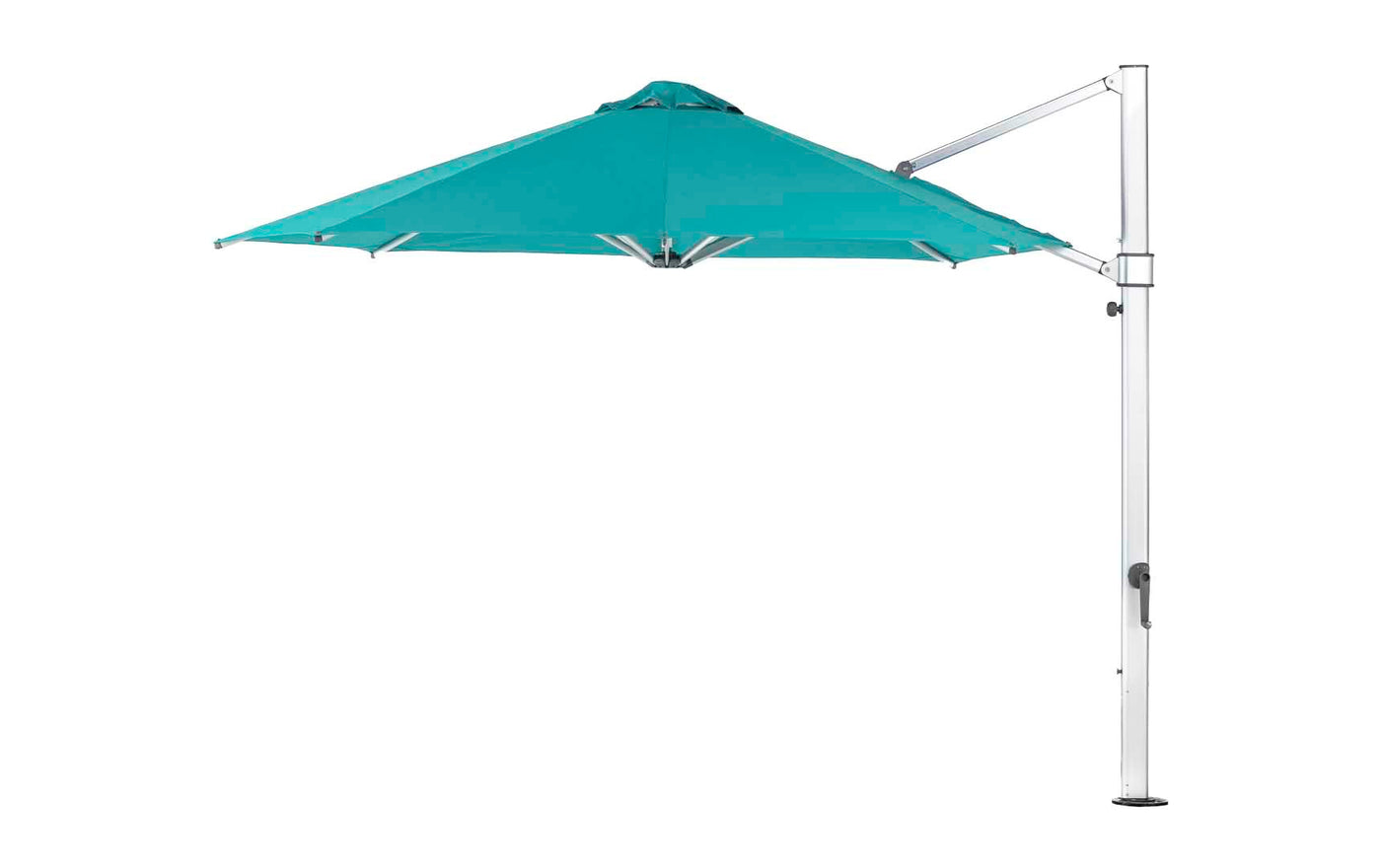 The Ultra Cantilever Umbrella - 11 Octagon by Ledge Lounger enhances your patio with its turquoise shade, metal pole, and crank mechanism. Its sturdy design suits outdoor use perfectly, and a rechargeable umbrella light adds illumination for evening gatherings.