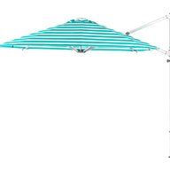 The Ultra Cantilever Umbrella by Ledge Lounger, an 11 octagon with a green and white stripe design, includes a rechargeable outdoor light. Supported by a tall light-colored metal pole with a hand crank, it’s perfect for enhancing your patio day or night.