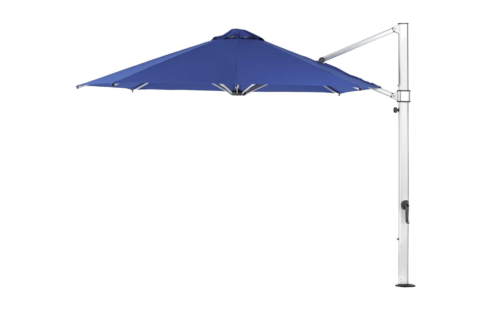 The Ultra Cantilever Umbrella - 11 Octagon from Ledge Lounger is a large, blue cantilever outdoor patio umbrella featuring an integrated rechargeable light. It opens with a robust metal stand on the side, maximizing shaded coverage without needing a central pole.