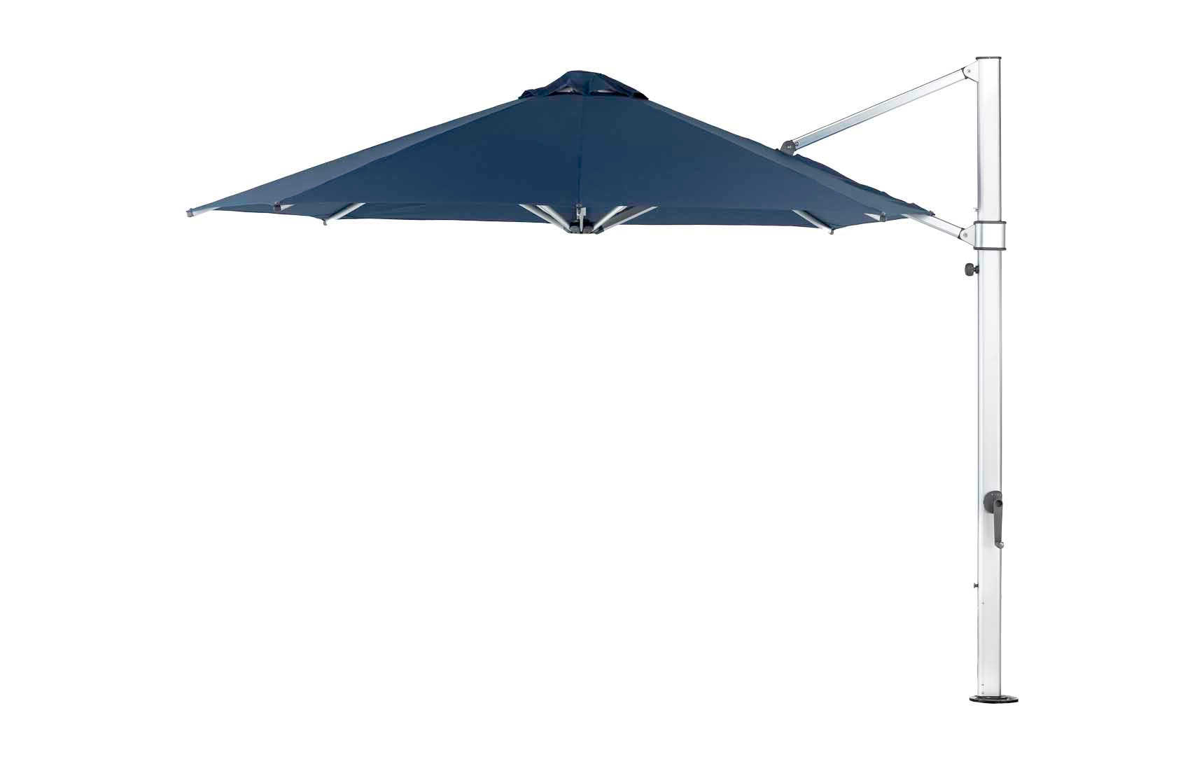The Ultra Cantilever Umbrella - 11 Octagon by Ledge Lounger enhances the patio with its freestanding blue canopy, silver pole, and adjustable arm. It opens fully to reveal an octagonal shape against a plain white background and includes a rechargeable outdoor umbrella light for evening ambiance.