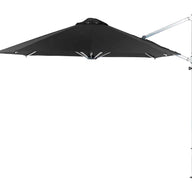 The Ledge Lounger Ultra Cantilever Umbrella features an 11 octagon black canopy on a right-sided white metal pole with a side crank handle for easy adjustment. It includes a built-in rechargeable light, making it perfect for any patio space.