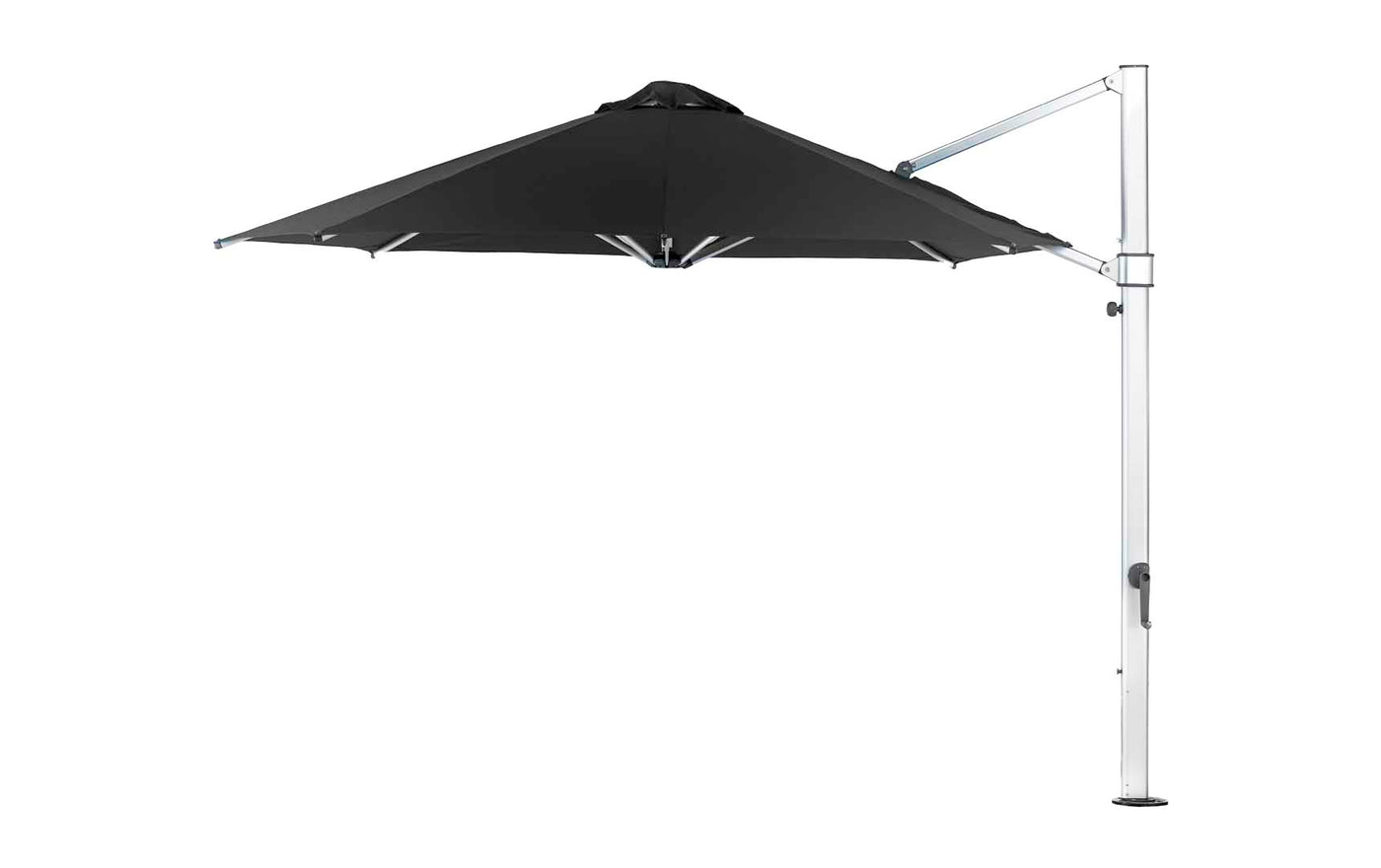 The Ledge Lounger Ultra Cantilever Umbrella features an 11 octagon black canopy on a right-sided white metal pole with a side crank handle for easy adjustment. It includes a built-in rechargeable light, making it perfect for any patio space.
