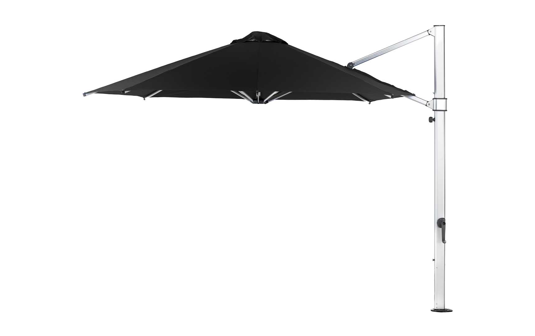 The Ledge Lounger Ultra Cantilever Umbrella features an 11 octagon black canopy on a right-sided white metal pole with a side crank handle for easy adjustment. It includes a built-in rechargeable light, making it perfect for any patio space.
