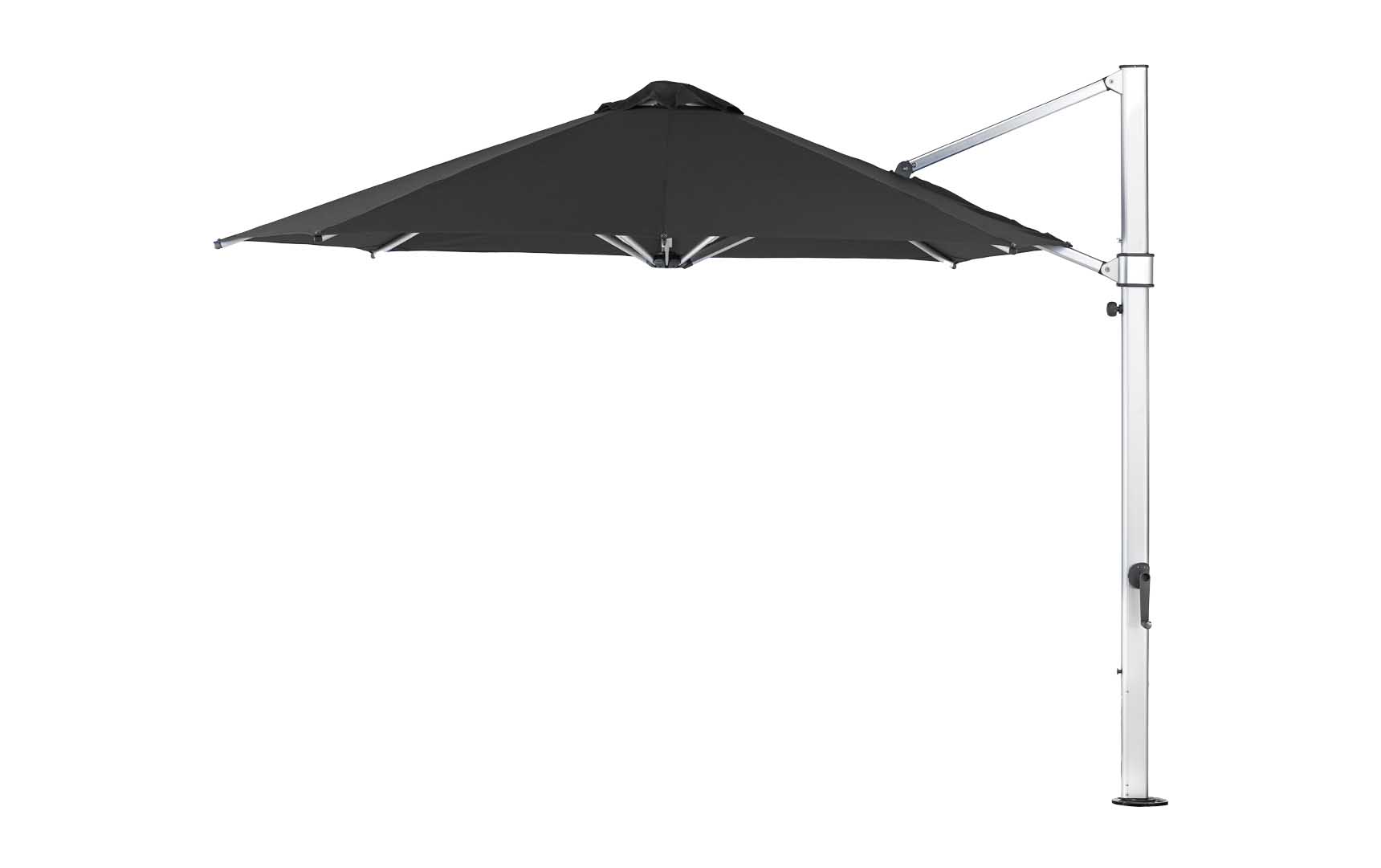The Ultra Cantilever Umbrella - 11 Octagon by Ledge Lounger is a large black patio umbrella with a sturdy metal frame and side crank. Its sleek design enhances patio spaces, and adding an outdoor umbrella light can provide evening charm.