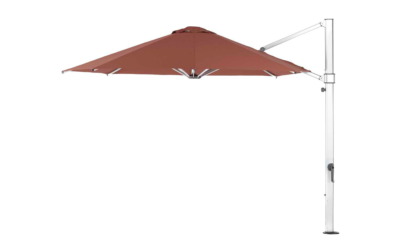 The Ledge Lounger Ultra Cantilever Umbrella boasts an 11 octagonal canopy in brown attached to a white vertical pole. Positioned to the left, it offers ample shade and features an outdoor umbrella light for enhanced patio ambiance.