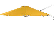 Ledge Loungers Ultra Cantilever Umbrella - 11 Octagon features a yellow canopy with a metal pole and crank handle, extending over your patio space. The octagonal design provides ample shade, supported by a sleek frame, and includes a rechargeable umbrella light for added convenience and elegance.