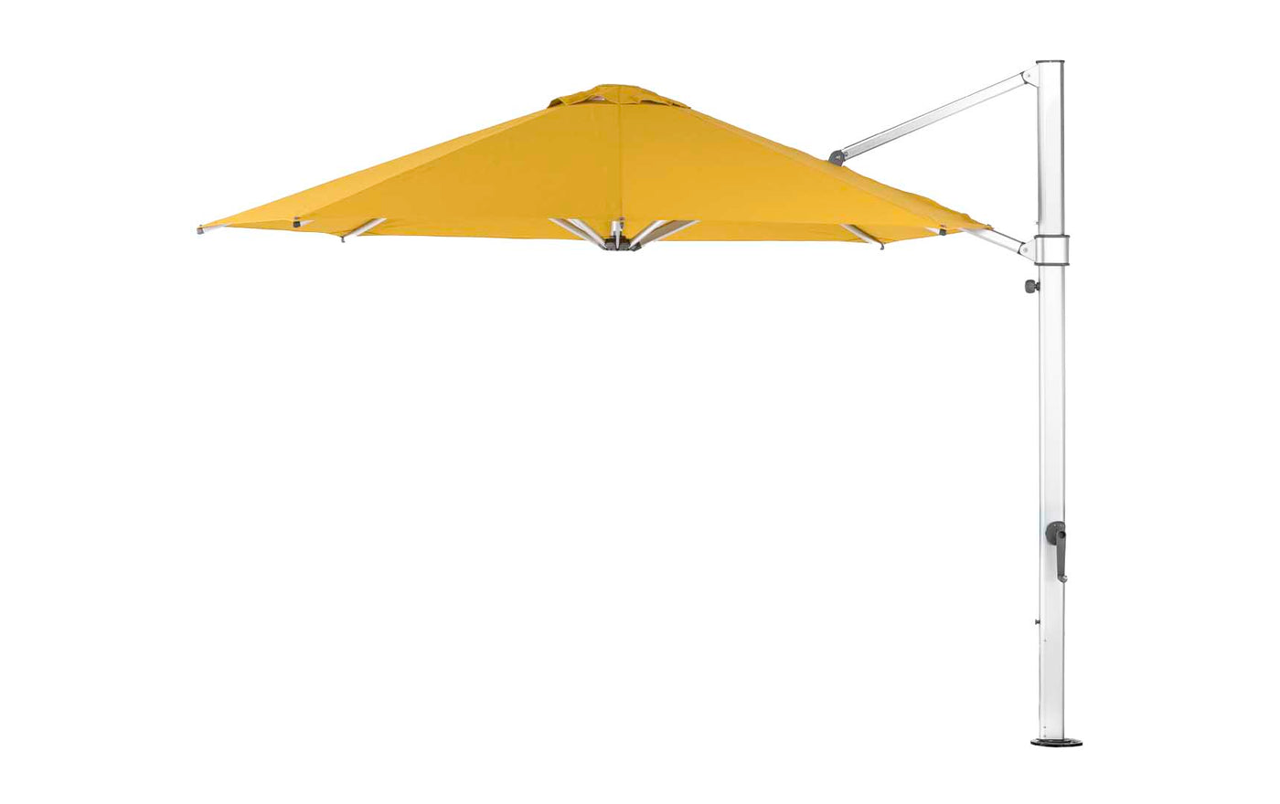 Ledge Loungers Ultra Cantilever Umbrella - 11 Octagon features a yellow canopy with a metal pole and crank handle, extending over your patio space. The octagonal design provides ample shade, supported by a sleek frame, and includes a rechargeable umbrella light for added convenience and elegance.