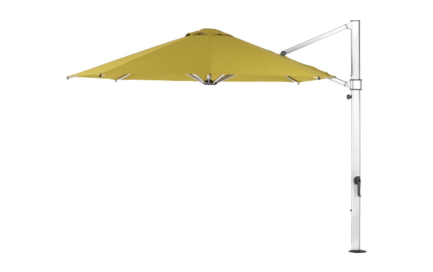 Ledge Loungers Ultra Cantilever Umbrella - 11 Octagon features a yellow canopy with a metal pole and crank handle, extending over your patio space. The octagonal design provides ample shade, supported by a sleek frame, and includes a rechargeable umbrella light for added convenience and elegance.
