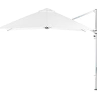 A white Ultra Cantilever Umbrella - 10 Square by Ledge Lounger features a metal stand and adjustable arm with an open triangular canopy for shade. Pair it with a rechargeable outdoor umbrella light for evening illumination.