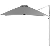 The Ledge Lounger Ultra Cantilever Umbrella features a 10 square gray canopy with a metal pole, perfect for shade. It includes a rechargeable light for evening patio use and is isolated on a white background.