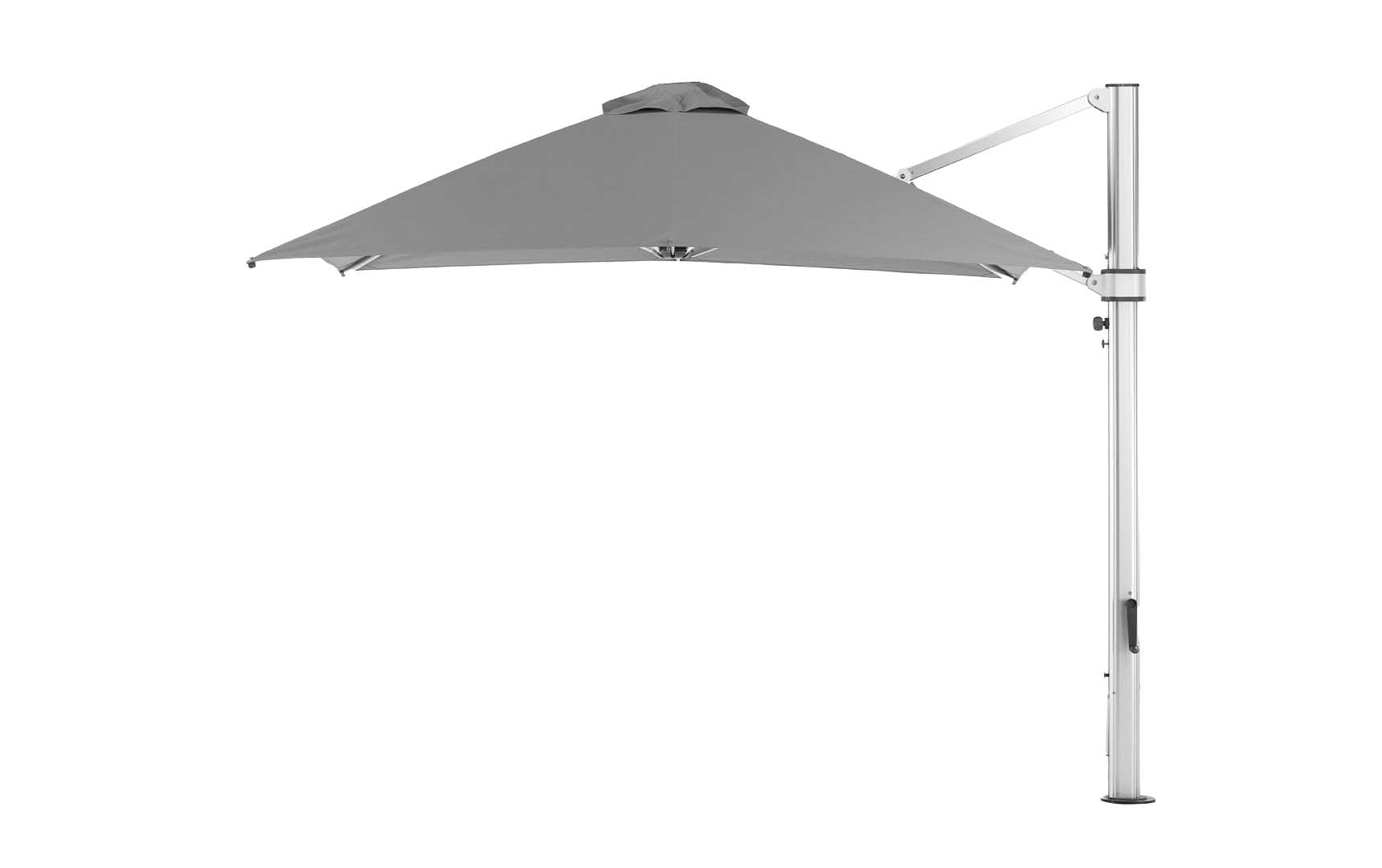 The Ledge Lounger Ultra Cantilever Umbrella features a 10 square gray canopy with a metal pole, perfect for shade. It includes a rechargeable light for evening patio use and is isolated on a white background.