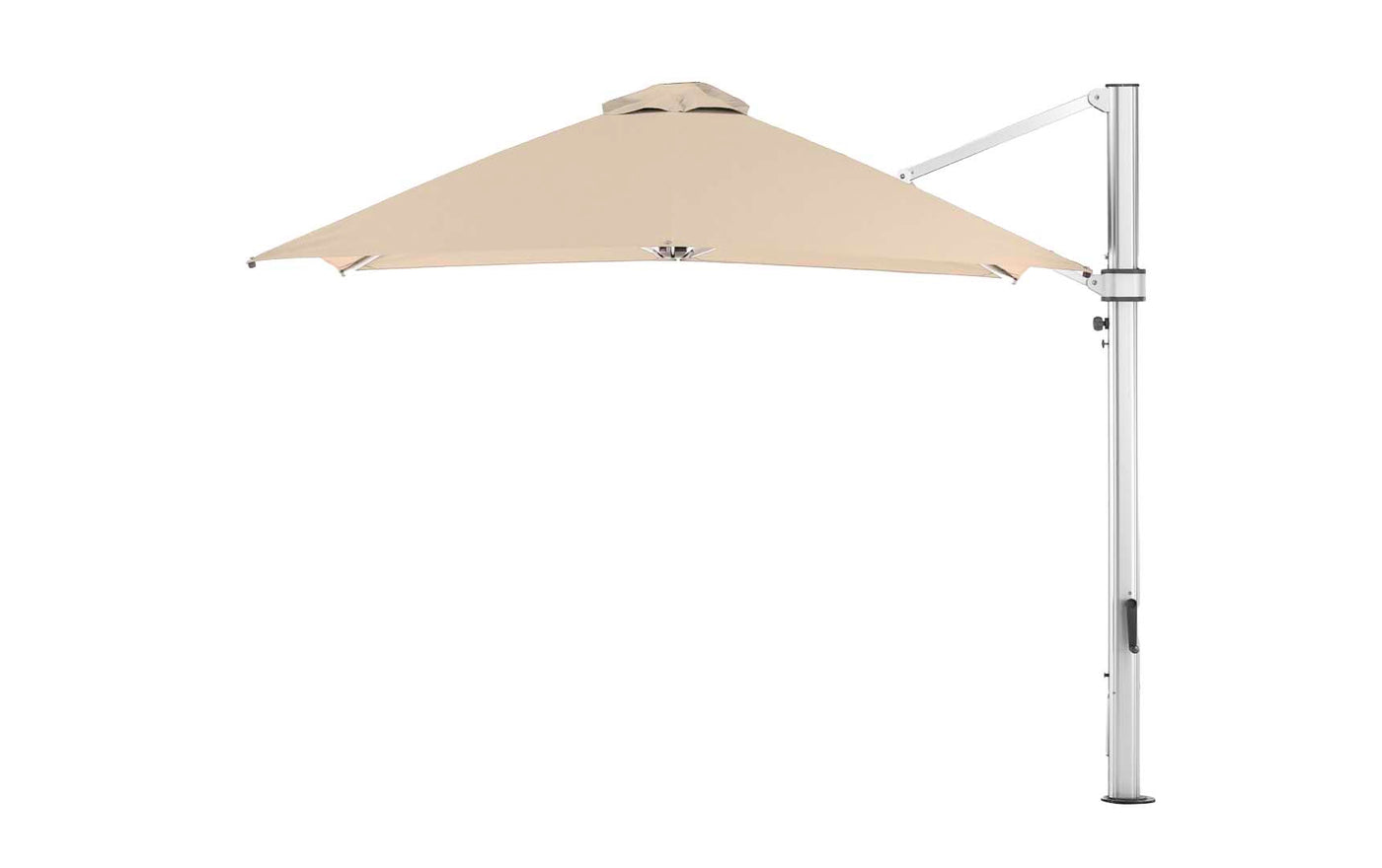 The Ultra Cantilever Umbrella - 10 Square by Ledge Lounger is beige with an angled canopy and silver metal pole to the right. It features a rechargeable light and is open against a white background, ideal for evening gatherings.