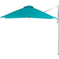The Ledge Lounger Ultra Cantilever Umbrella features a turquoise triangular canopy on an adjustable white metal stand, complete with a rechargeable umbrella light, displayed open against a plain white background.