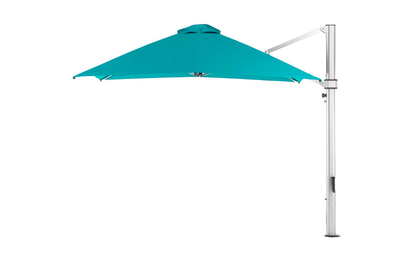 The Ledge Lounger Ultra Cantilever Umbrella features a turquoise triangular canopy on an adjustable white metal stand, complete with a rechargeable umbrella light, displayed open against a plain white background.