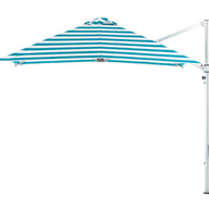 The Ultra Cantilever Umbrella - 10 Square by Ledge Lounger now boasts a rechargeable light on its blue and white striped canopy. Mounted on a white pole with an adjustable arm, it provides shade and illumination for an ideal patio experience.