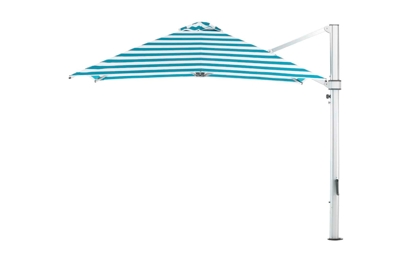 The Ultra Cantilever Umbrella - 10 Square by Ledge Lounger now boasts a rechargeable light on its blue and white striped canopy. Mounted on a white pole with an adjustable arm, it provides shade and illumination for an ideal patio experience.