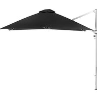 The Ledge Lounger Ultra Cantilever Umbrella - 10 Square features a large black canopy with a sturdy white metal pole and an integrated rechargeable light, standing against a plain white background.