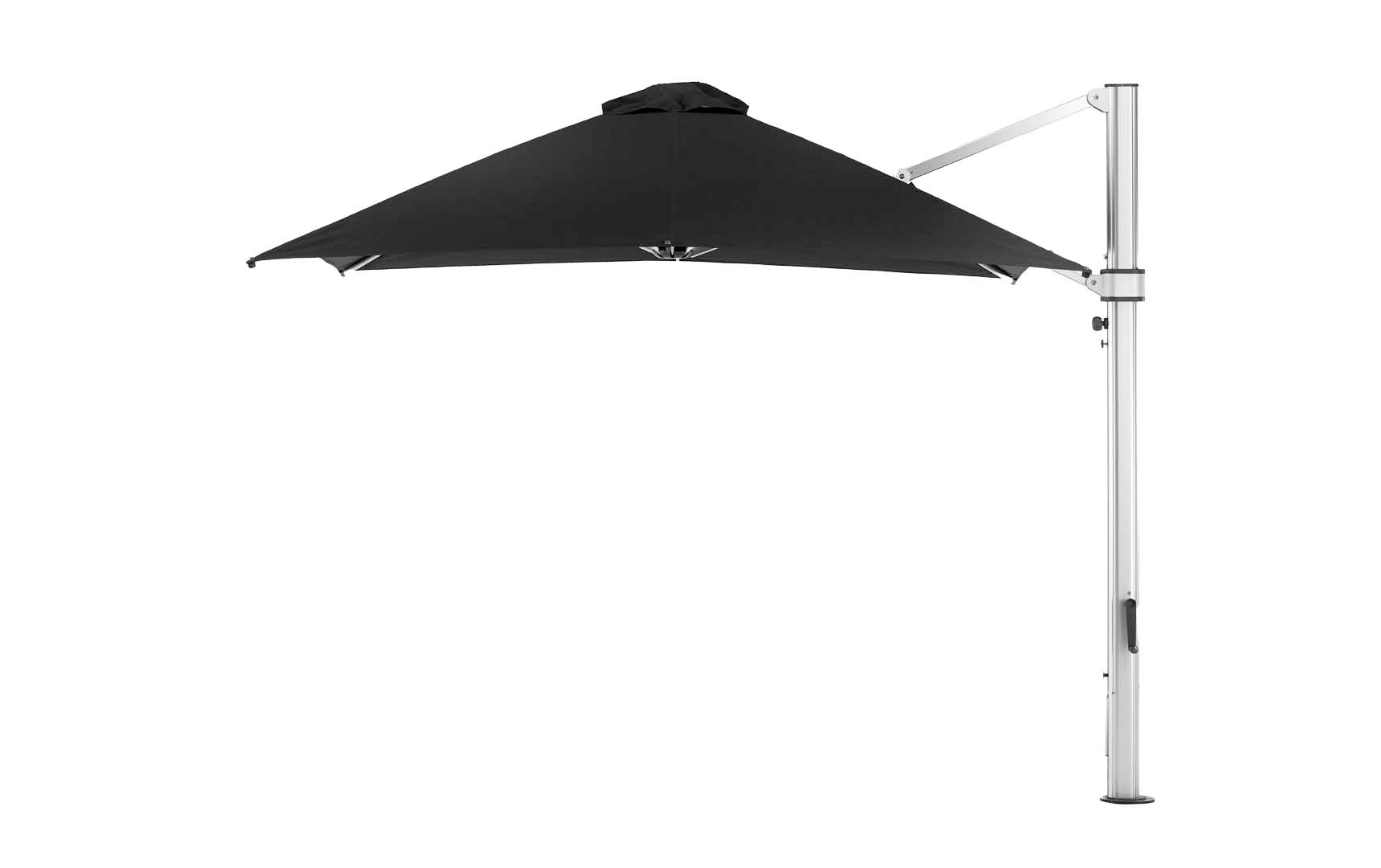 The Ledge Lounger Ultra Cantilever Umbrella - 10 Square features a large black canopy with a sturdy white metal pole and an integrated rechargeable light, standing against a plain white background.