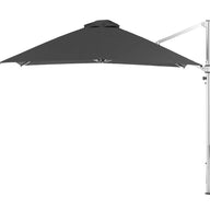 The Ledge Lounger Ultra Cantilever Umbrella features a 10 square black canopy with a white pole, adjustable arm, and includes a rechargeable outdoor light, perfect for enhanced shade and evening patio lighting.