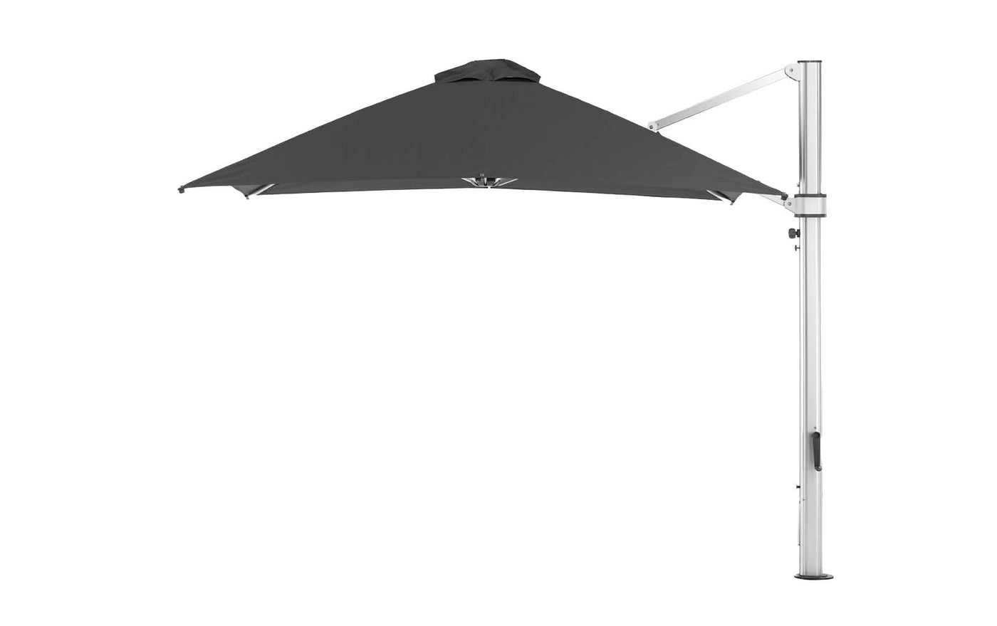 The Ledge Lounger Ultra Cantilever Umbrella features a 10 square black canopy with a white pole, adjustable arm, and includes a rechargeable outdoor light, perfect for enhanced shade and evening patio lighting.