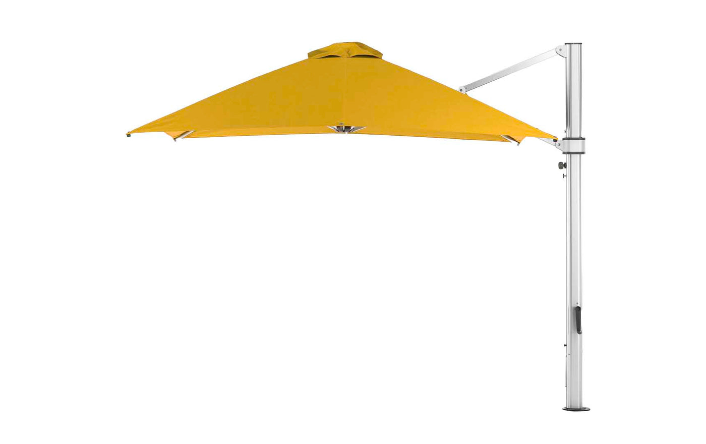 A yellow Ultra Cantilever Umbrella by Ledge Lounger with a square design is mounted on a white pole stand, featuring a rechargeable outdoor umbrella light, all set against a plain white background.