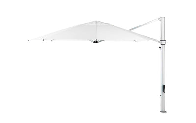 The Ledge Loungers Ultra Cantilever Umbrella - 13 Octagon is a large white patio umbrella with a metal pole and crank handle, featuring a rechargeable umbrella light. The extended canopy secured by a horizontal arm casts a welcoming glow over your patio space.