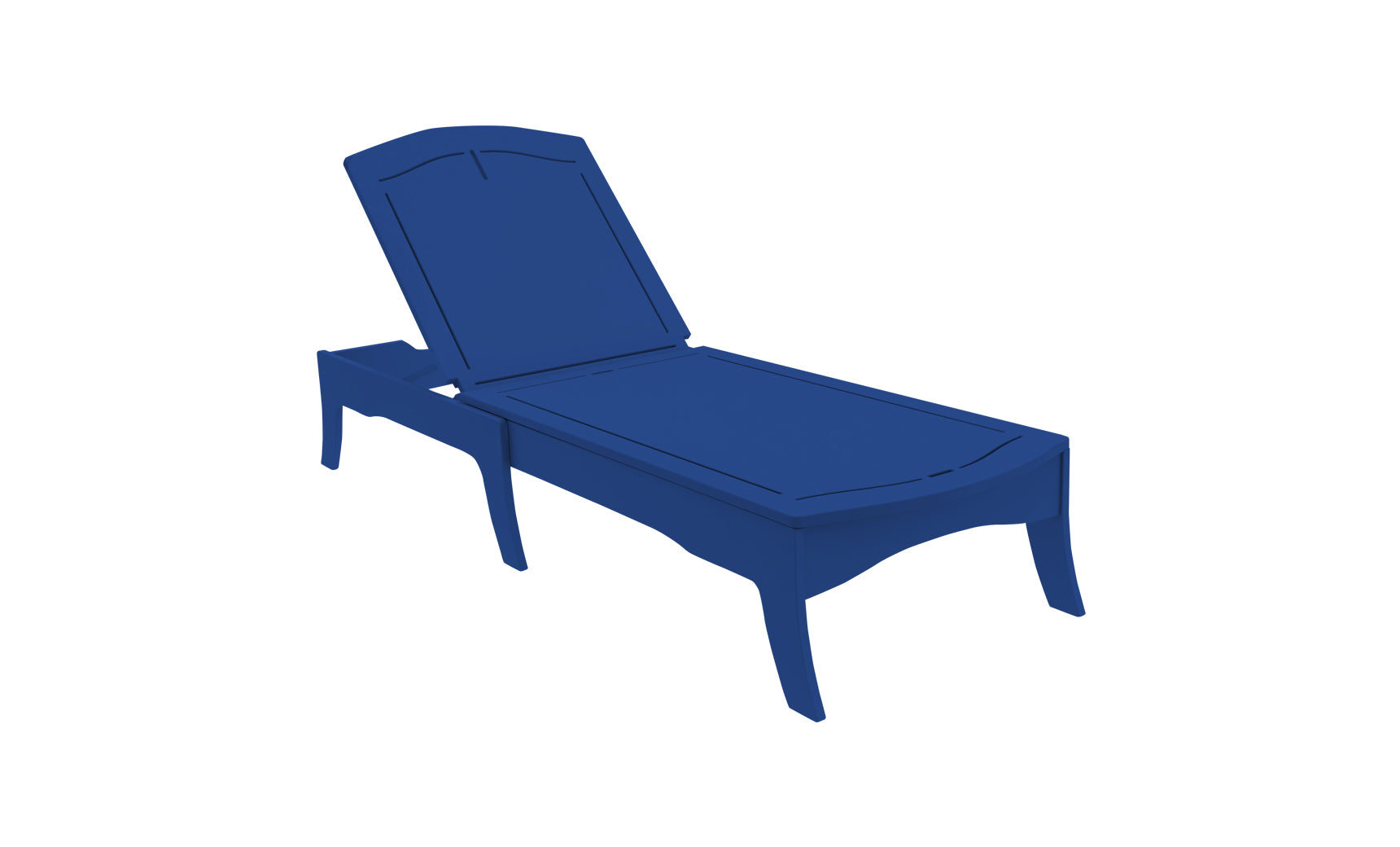 The Legacy Chaise by Ledge Lounger, in blue with adjustable reclining positions, is showcased against a plain white backdrop, emphasizing its sleek and minimalist design. Its ideal for turning any outdoor space into a peaceful retreat.