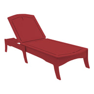 3D illustration showing a dark red, wooden Ledge Lounger Legacy Chaise in an outdoor setting, with adjustable reclining positions and elegant curved legs, viewed from a perspective angle.