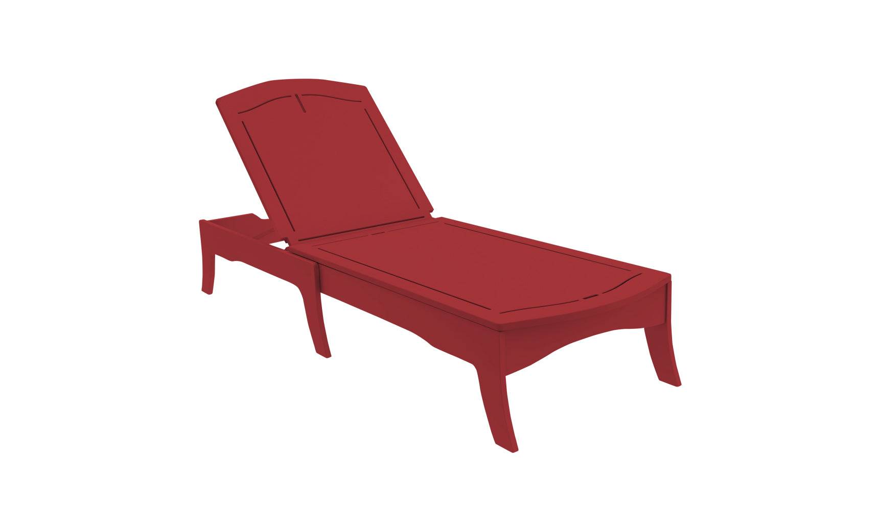 3D illustration showing a dark red, wooden Ledge Lounger Legacy Chaise in an outdoor setting, with adjustable reclining positions and elegant curved legs, viewed from a perspective angle.