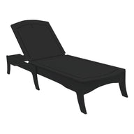 The Ledge Lounger Legacy Chaise, a sleek black design with an adjustable backrest, features clean lines and versatile reclining positions. Set against a white background, it enhances any outdoor space with its elegance.
