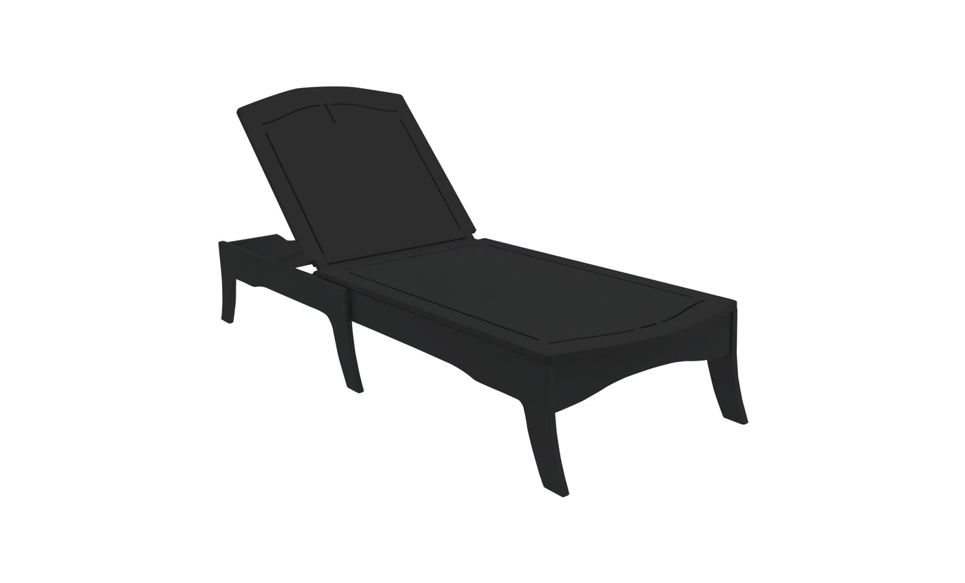 The Ledge Lounger Legacy Chaise, a sleek black design with an adjustable backrest, features clean lines and versatile reclining positions. Set against a white background, it enhances any outdoor space with its elegance.