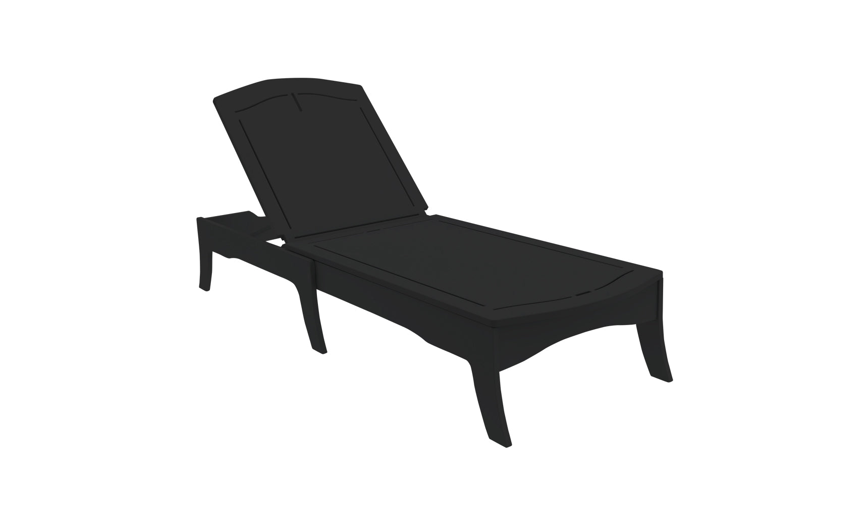 The Ledge Lounger Legacy Chaise, a sleek black design with an adjustable backrest, features clean lines and versatile reclining positions. Set against a white background, it enhances any outdoor space with its elegance.