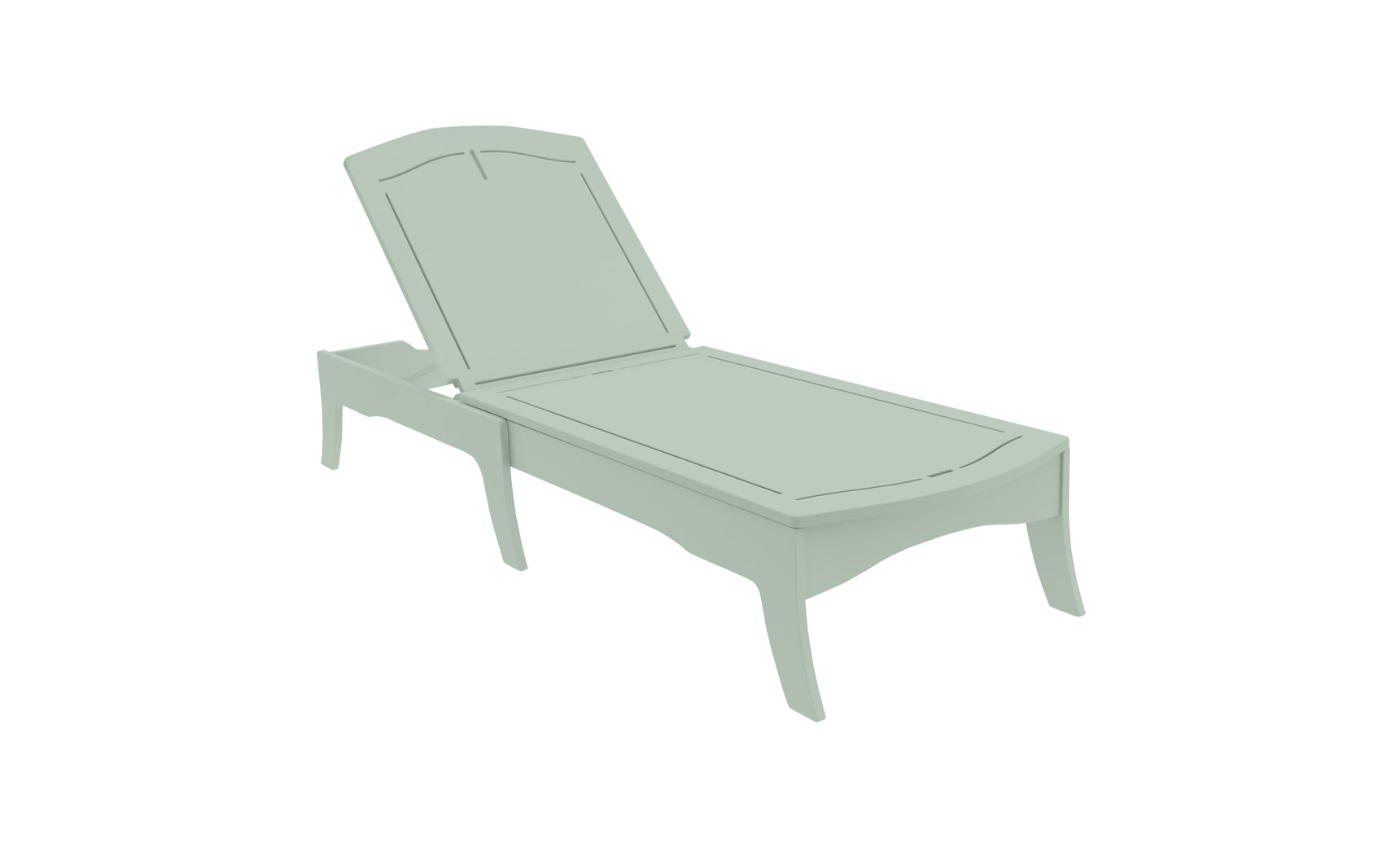 The Legacy Chaise by Ledge Lounger is a light green adjustable lounge chair with a raised backrest and clean lines. Ideal for outdoor spaces, it features four sturdy legs and is stylishly depicted in a minimalist graphic against a white background.