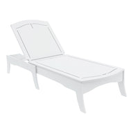 The Ledge Loungers Legacy Chaise is a white slatted outdoor lounge with elegant frame curves, providing multiple reclining positions for enhanced comfort and back support.