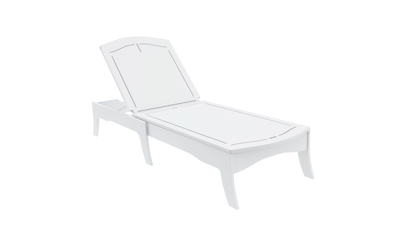 The Ledge Loungers Legacy Chaise is a white slatted outdoor lounge with elegant frame curves, providing multiple reclining positions for enhanced comfort and back support.