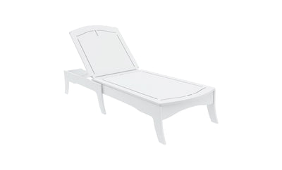 The Ledge Loungers Legacy Chaise is a white slatted outdoor lounge with elegant frame curves, providing multiple reclining positions for enhanced comfort and back support.